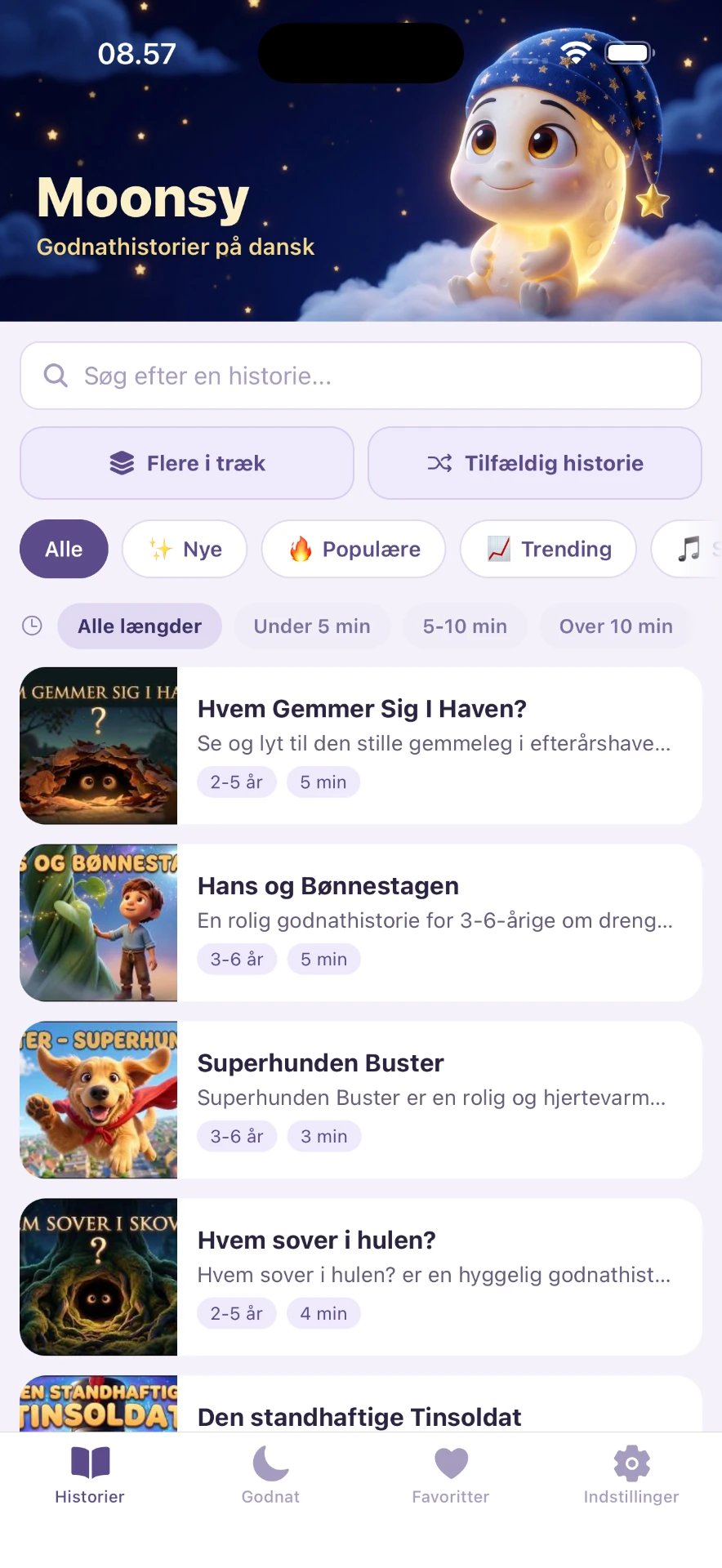 Skærmbillede fra Moonsy-appen: historie-browser